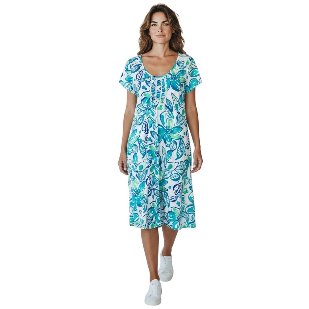 FRESH PRODUCE T-Shirt Dress Womens L Blue Floral Coastal Comfy Summer Beach Prep